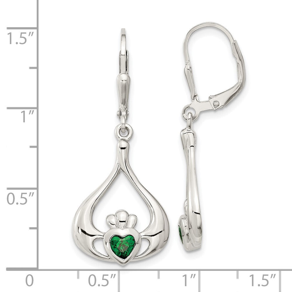 Sterling Silver Cubic Zirconia Heart Leverback Claddagh Dangle Earrings