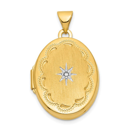 14k Yellow Gold  White Rhodium Brushed Diamond Star 21mm Oval Locket Pendant
