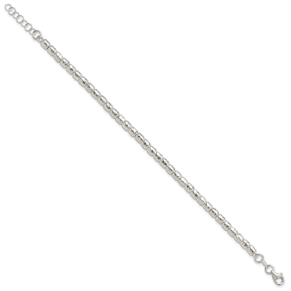 Sterling Silver RH-plated Polish/Hammered Beaded w/1 in ext. Bracelet