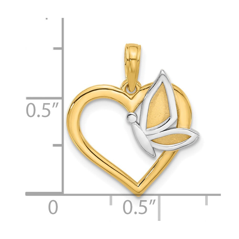14k Yellow Gold with White Rhodium Fancy Heart and Butterfly Charm Pendant