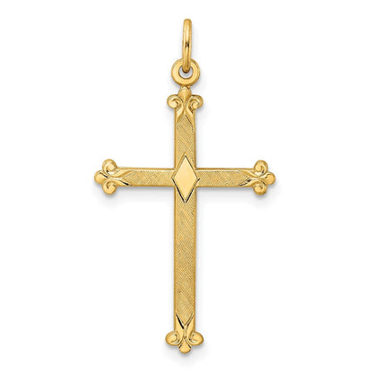 14k Yellow Gold Polished and Textured Solid Diamond Shape Cross Pendant