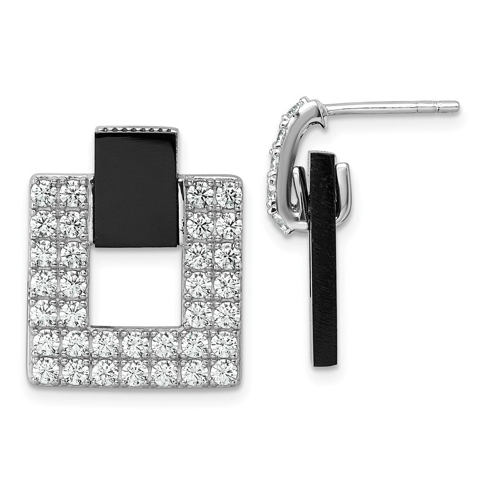 Sterling Silver CZ and Black Agate Square Dangle Mis-Matched Post Earrings