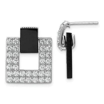 Sterling Silver CZ and Black Agate Square Dangle Mis-Matched Post Earrings