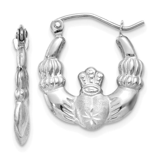 14k White Gold Satin and Diamond-cut Claddagh Hoop Earrings Gift for Women