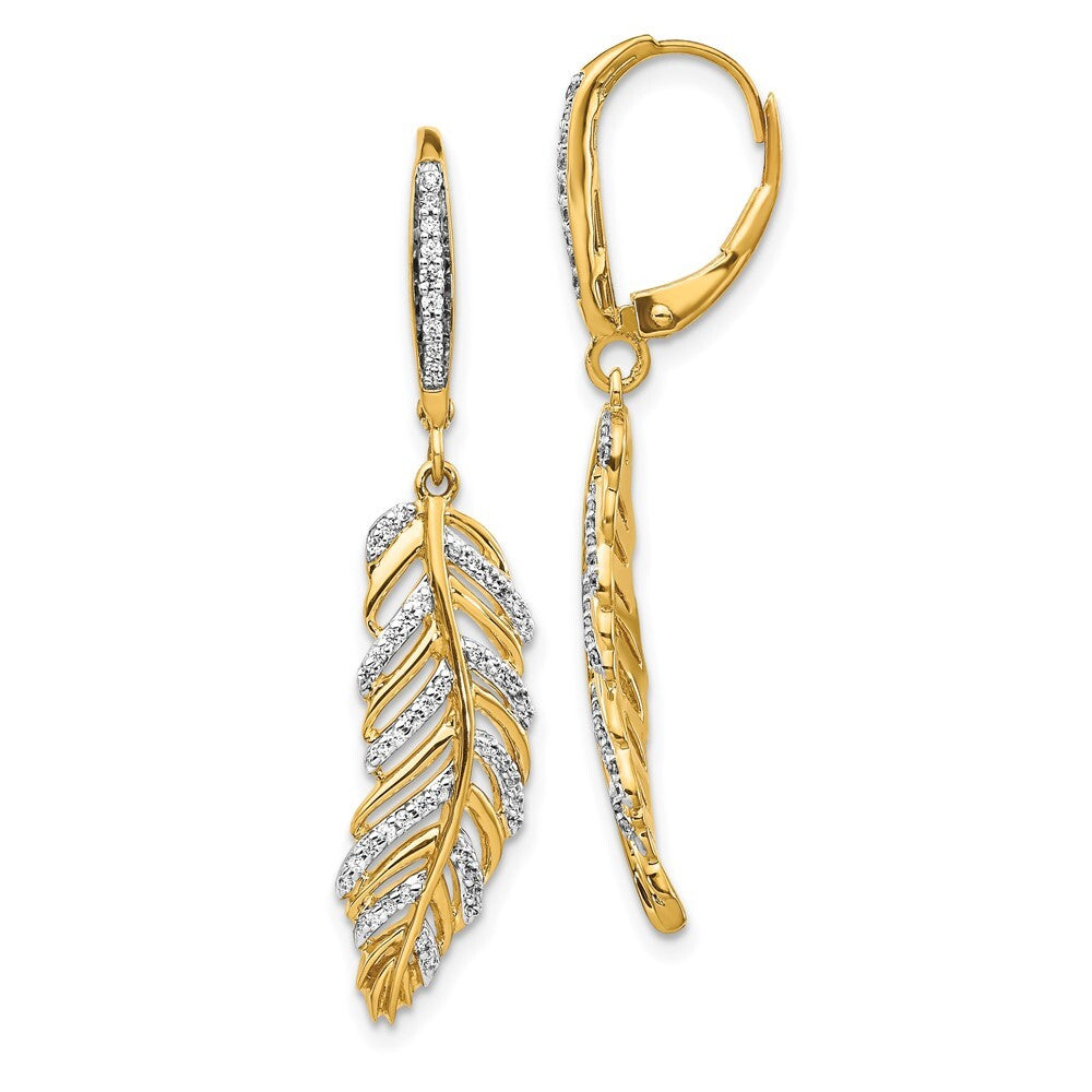 14k Yellow Gold Diamond Fancy Feather Leverback Drop & Dangle Earrings