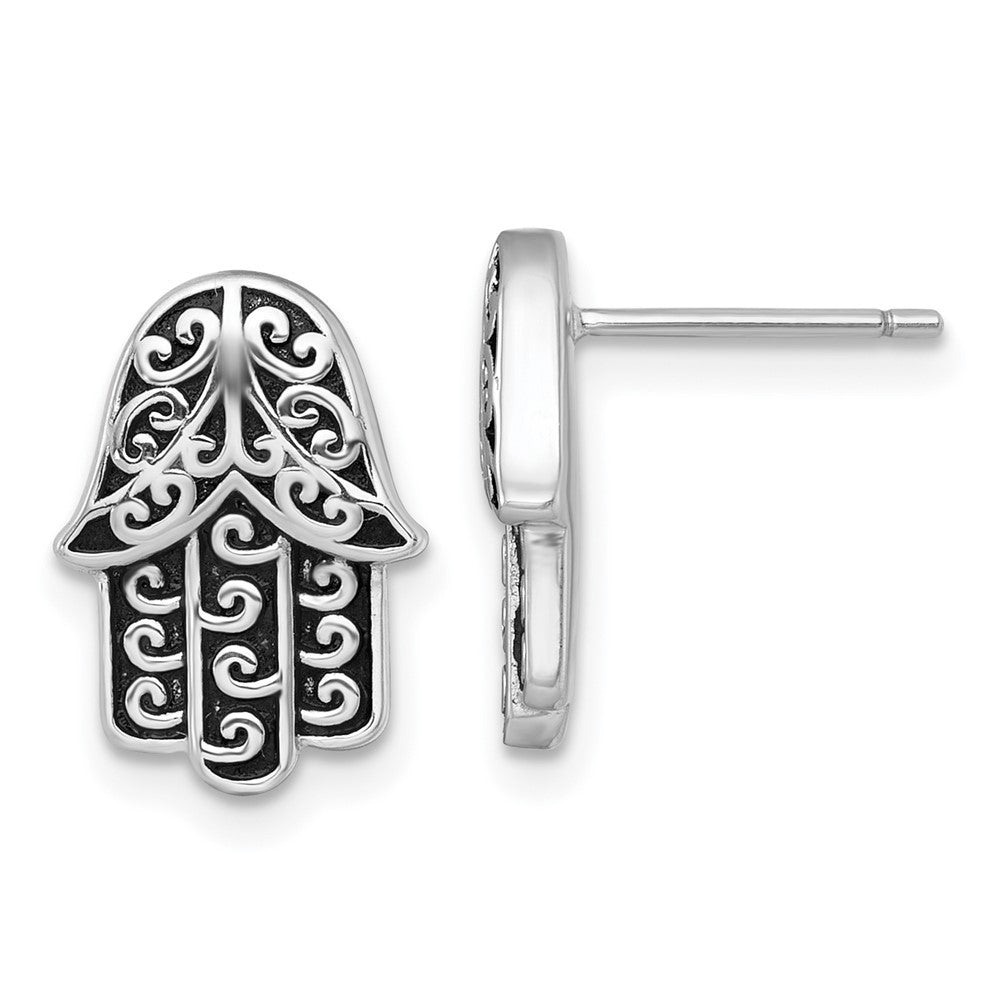 Sterling Silver Rhodium-plated Polished and Oxidized Filigree Hamsa Earrings