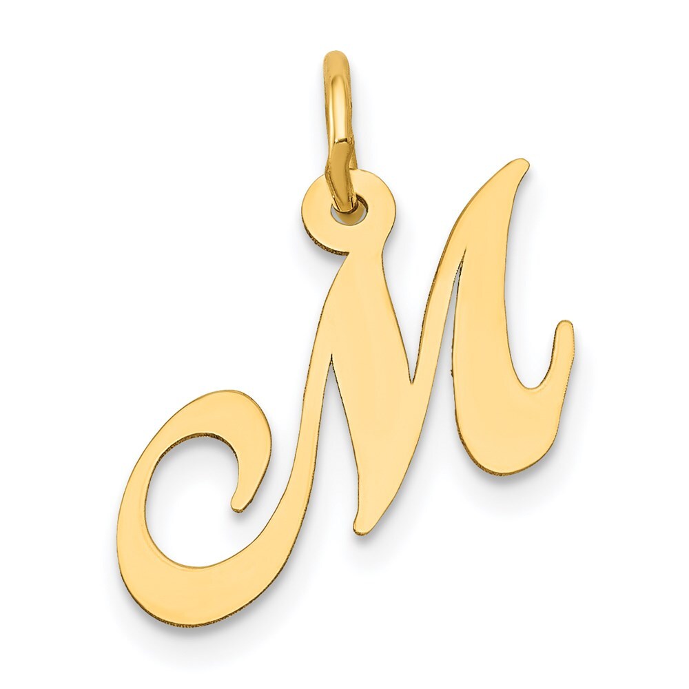 14k Yellow Gold Small Fancy Script Letter M Initial Charm Pendant for Women