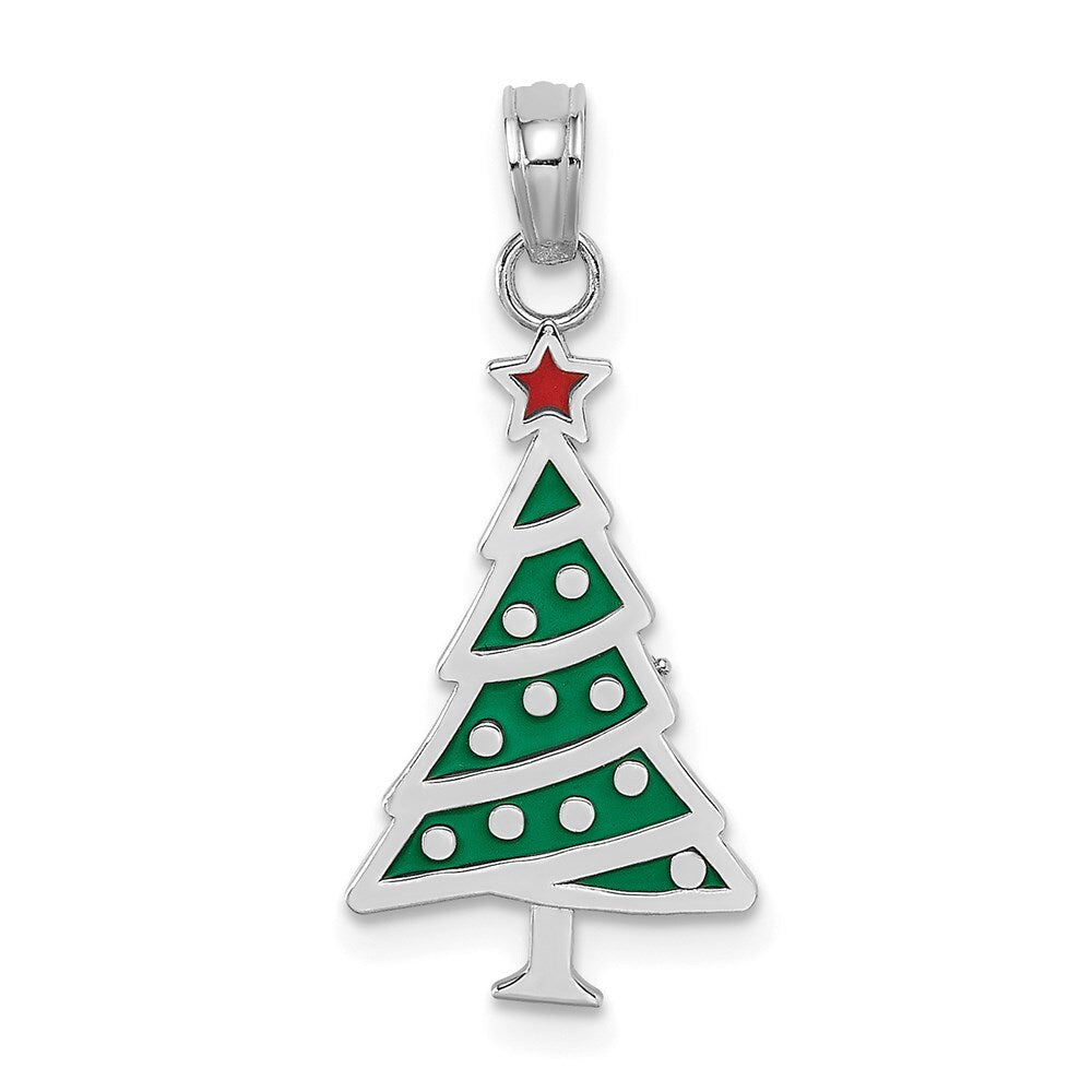14k White Gold Enamel Green Christmas Tree  Red Star Charm Pendant for Women