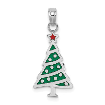 14k White Gold Enamel Green Christmas Tree  Red Star Charm Pendant for Women