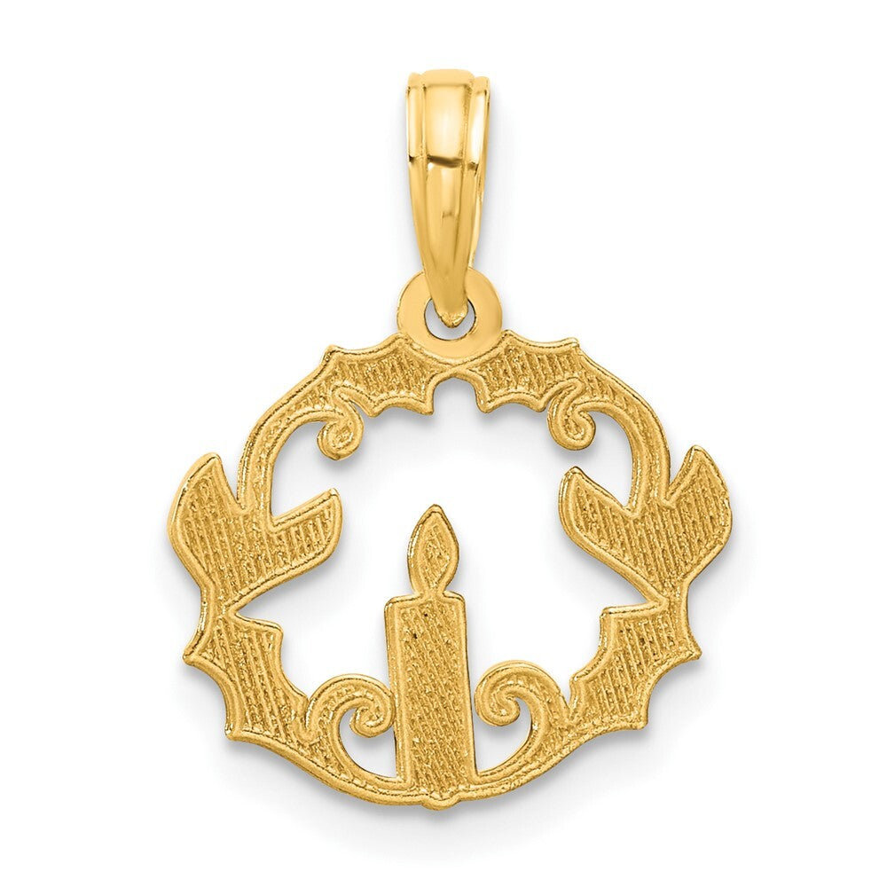 14k Yellow Gold Polished Candle with Holly Circle Pendant for Women