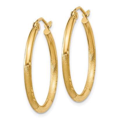 14k Yellow Gold Satin and Diamond-cut 2mm Round Tube Hoop Earrings