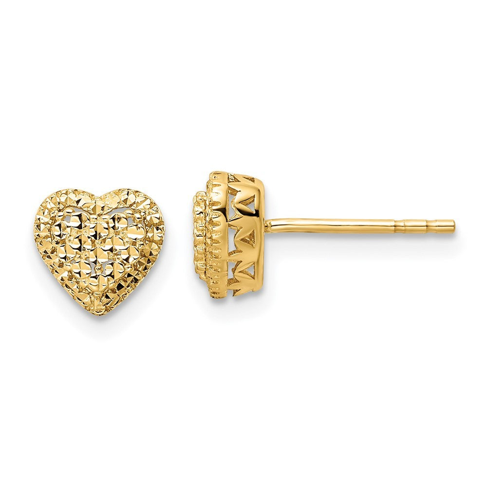 14k Yellow Gold Polished Diamond-cut Heart Earrings