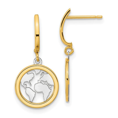 14k Yellow Gold Polished White Rhodium Earth Dangle Earrings Gift for Women