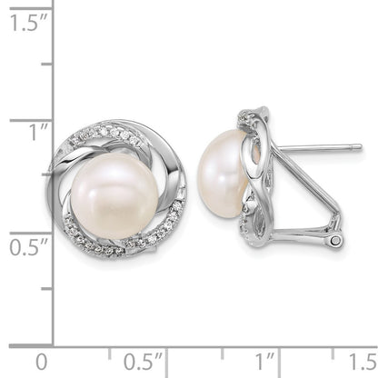 Sterling Silver 9-10mm Freshwater Cultured Pearl and CZ Omega Back Earrings