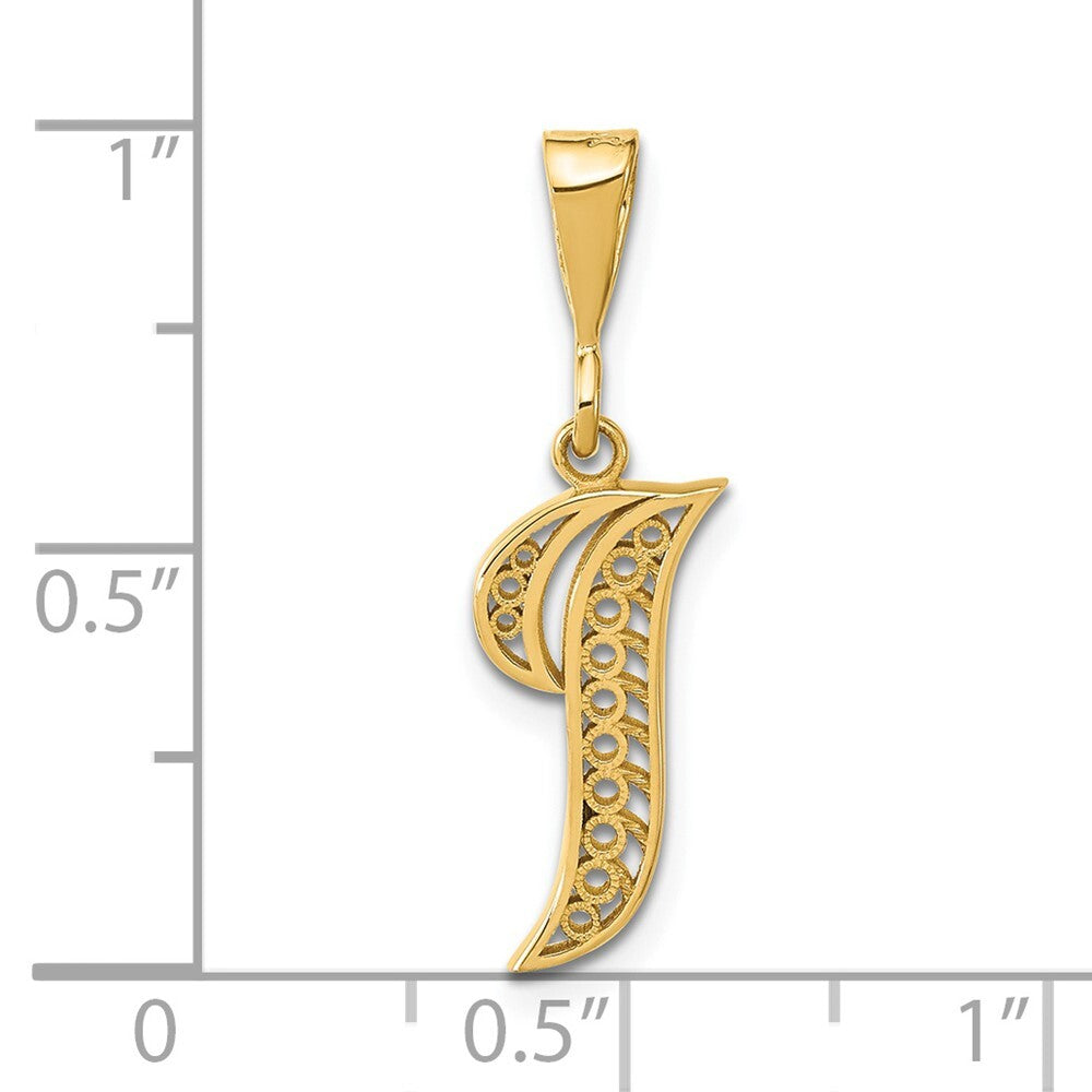 14k Yellow Gold Polished Script Filigree Letter I Initial Pendant for Women