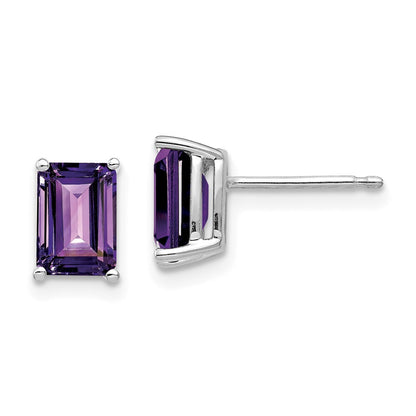 14k White Gold 7x5mm Emerald Cut Amethyst Stud Earrings Gift for Women