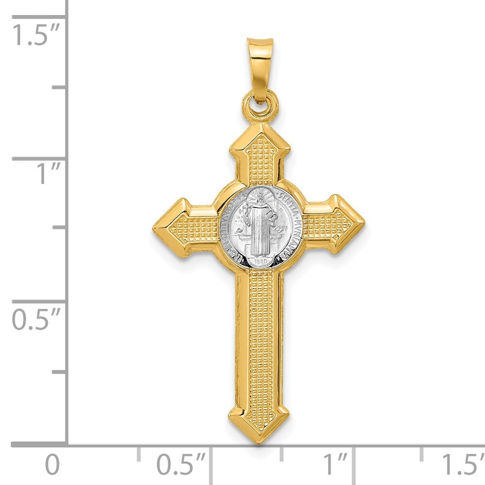 14k Two-tone Gold Textured Hollow Budded St Benedict Cross Pendent