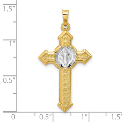 14k Two-tone Gold Textured Hollow Budded St Benedict Cross Pendent