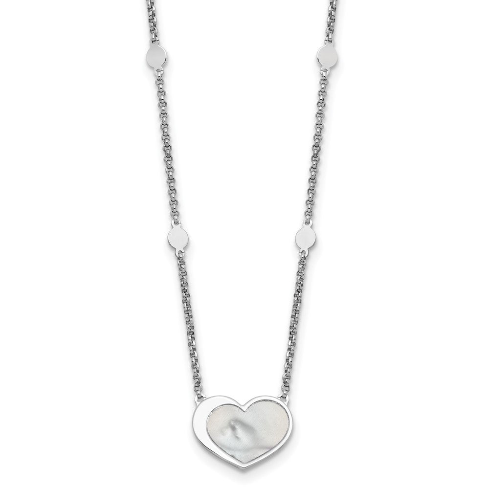 Sterling Silver Rhodium-plated Mother of Pearl Heart 16" Station Necklace
