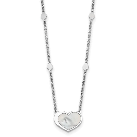 Sterling Silver Rhodium-plated Mother of Pearl Heart 16" Station Necklace