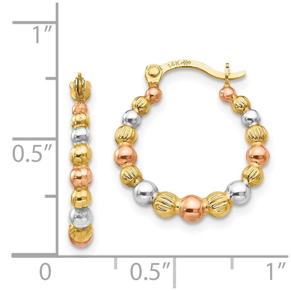 14k Yellow Gold Rose and White Rhodium Beaded Hoop Earrings Gift for Women