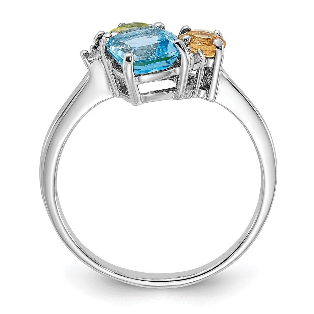 SS Rh Lt.Swiss Blue Topaz/ White Topaz and Peridot and Citrine Ring Size 7