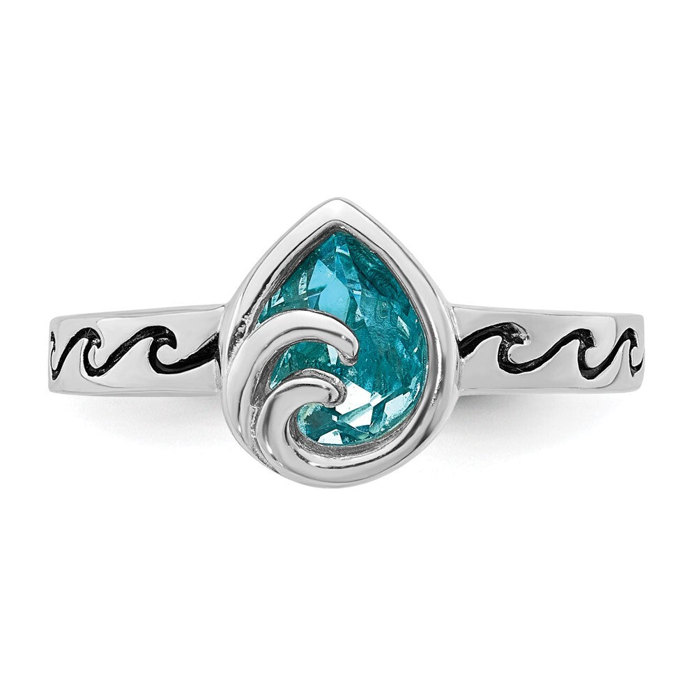 Sterling Silver Rhodium-Plated Polished Double Wave Crystal Inlay Ring