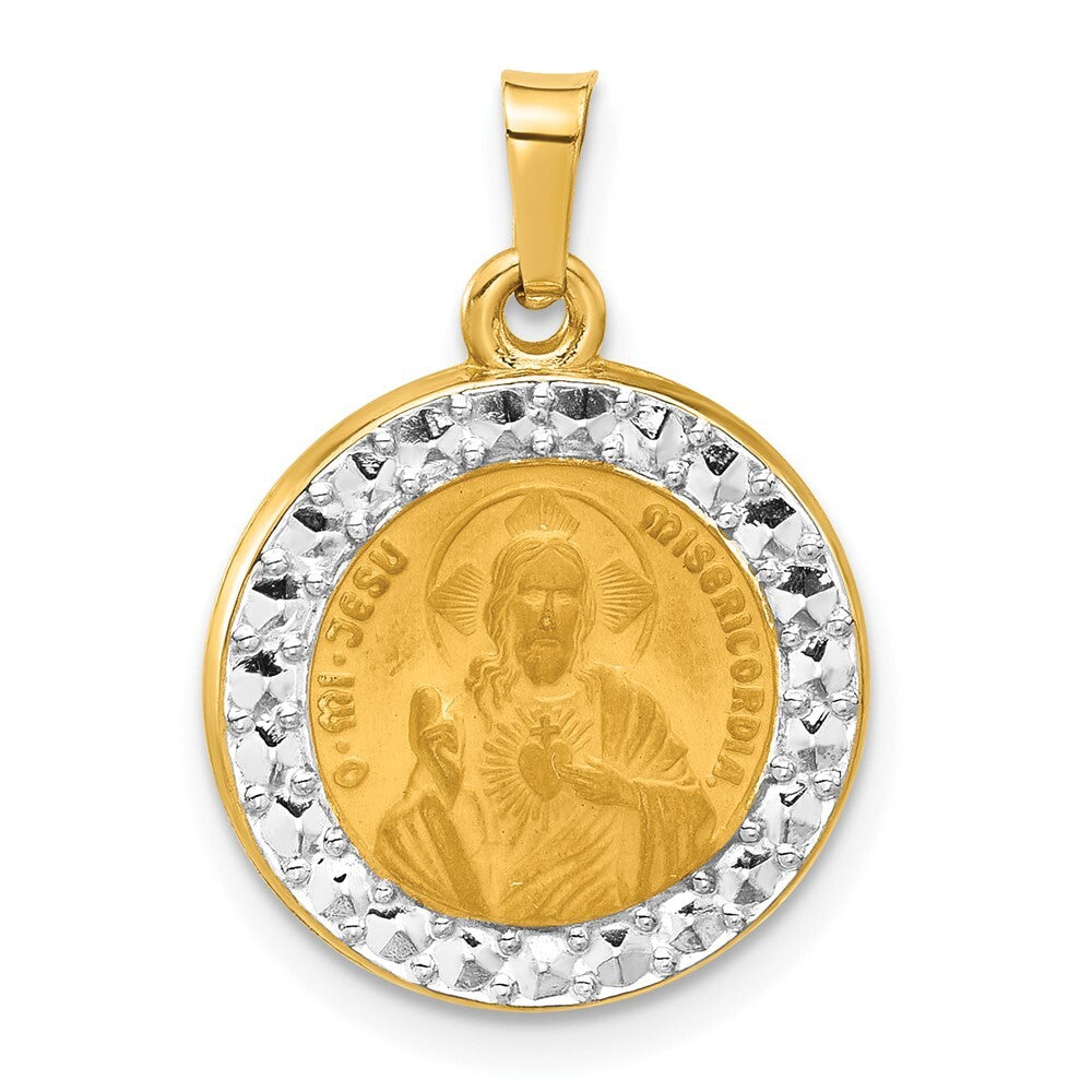 14k Yellow Gold and White Rhodium Hollow Sacred Heart of Jesus Medal Pendant
