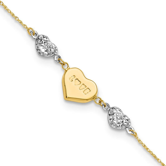14K Two-tone Puffed LOVE Heart & Diamond-cut Bead 7" Bracelet Plus 1" Heart Ext