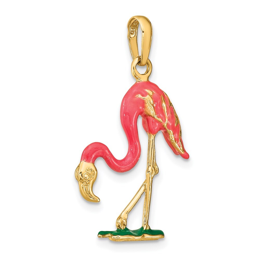 14k Yellow Gold Enameled 3-D Pink Flamingo Pendant