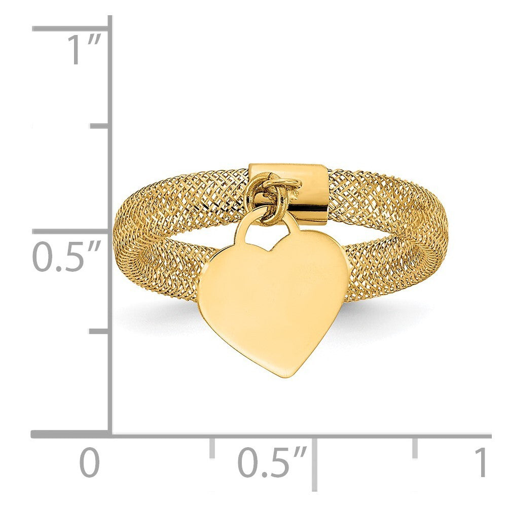 14K Yellow Gold Gold Woven Mesh Stretch Polished Heart Charm Ring