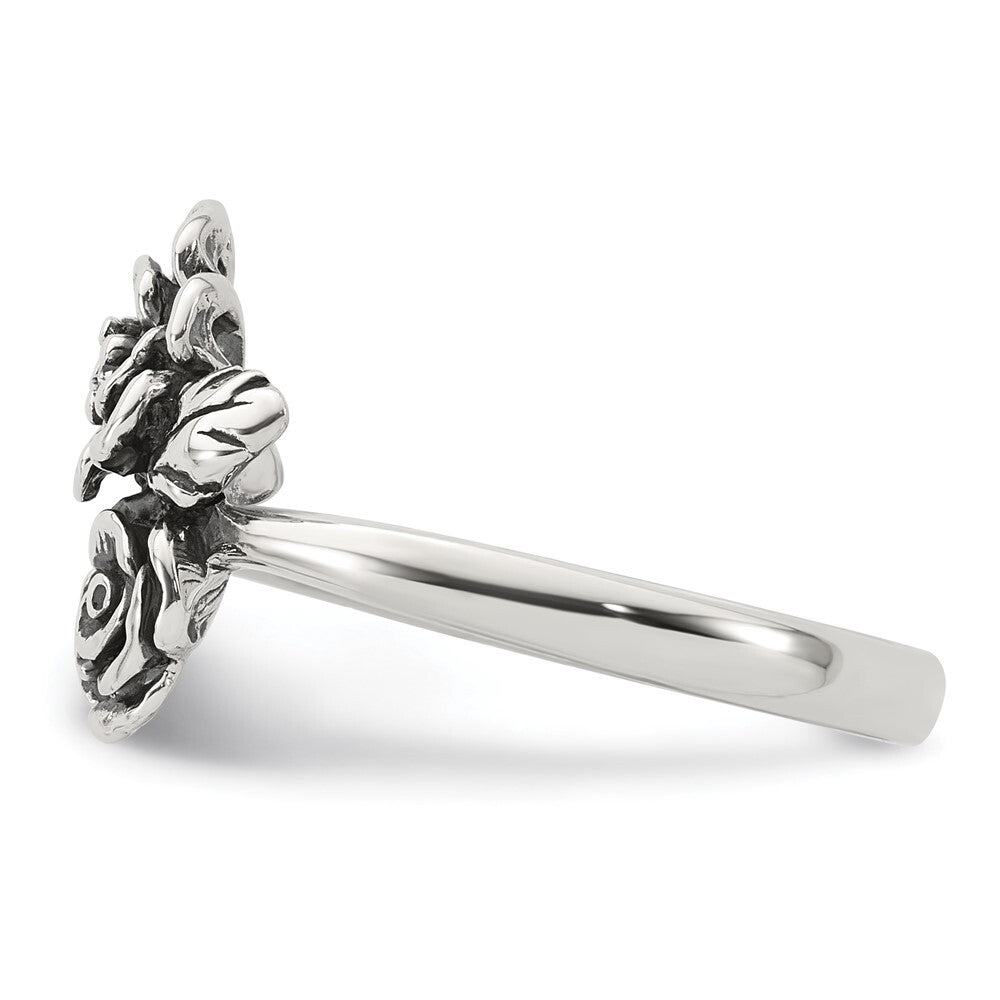 Sterling Silver Antiqued Polished Cubic Zirconia Flower Ring Size 7