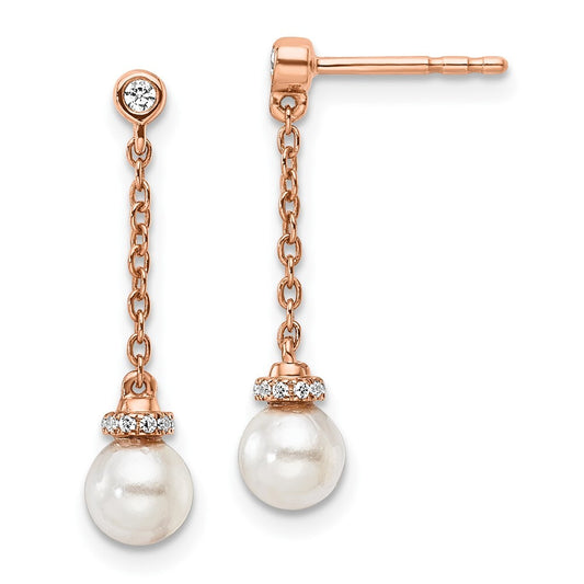 14K Rose Gold Polished Diamond and Pearl Chain Dangle Earrings