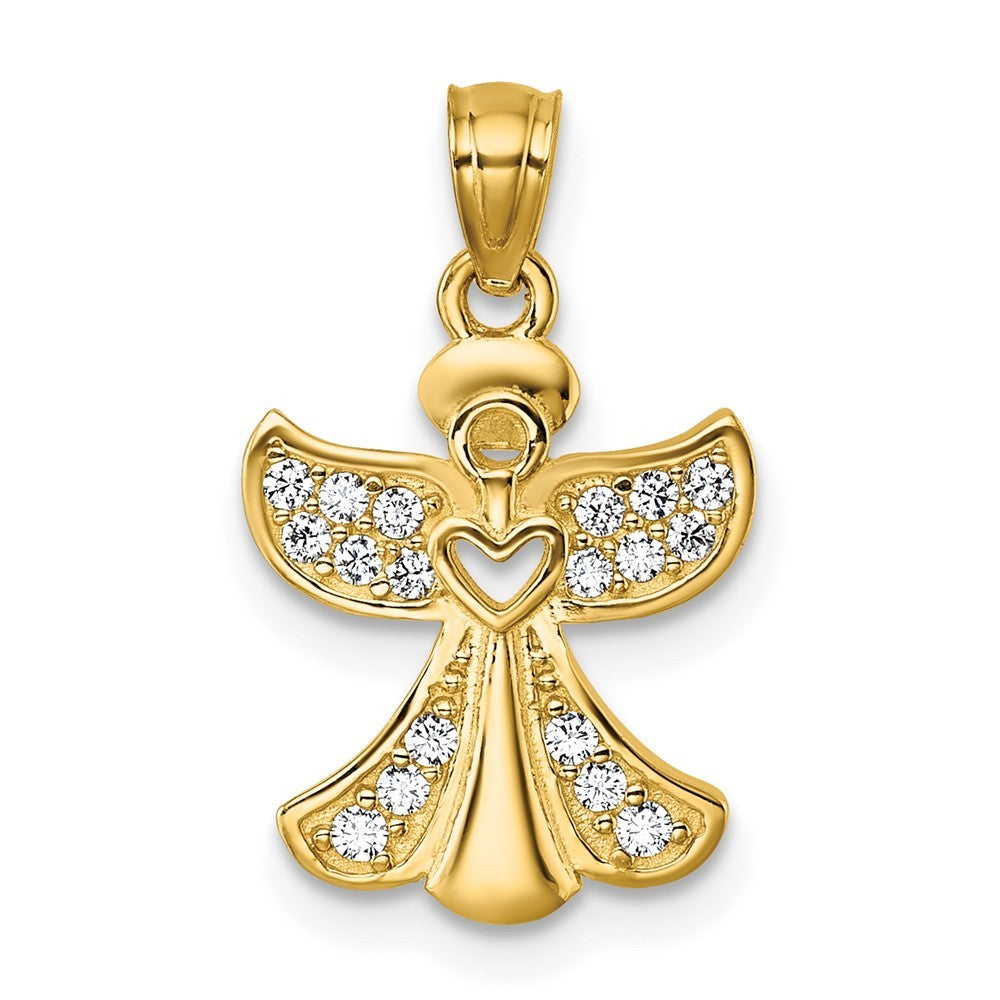 14k Yellow Gold Polished Cubic Zirconia Angel with Open Heart Pendant