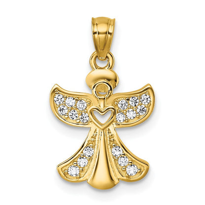 14k Yellow Gold Polished Cubic Zirconia Angel with Open Heart Pendant