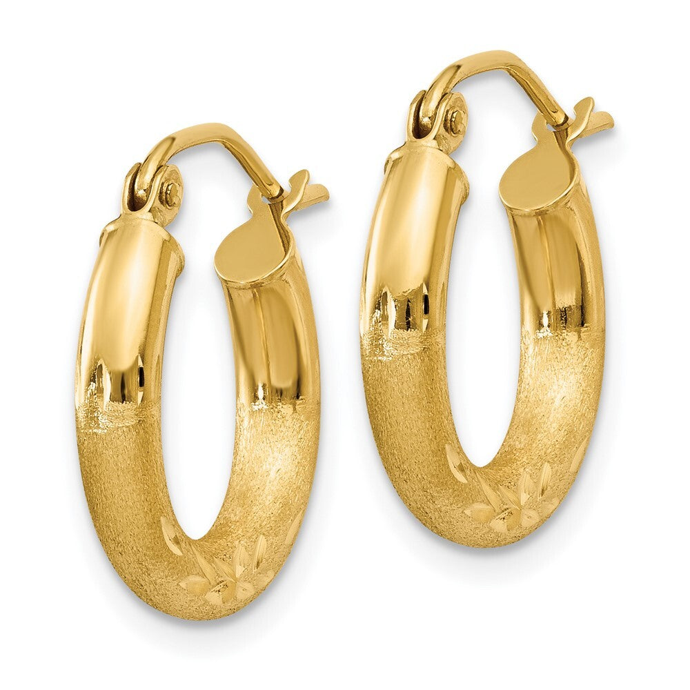 14k Yellow Gold Satin and Diamond-cut 3mm Round Hoop Earrings Gift for Women