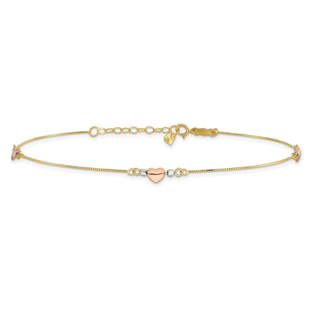 14k Tri-Color Puffed Hearts and Beads 11" Anklet