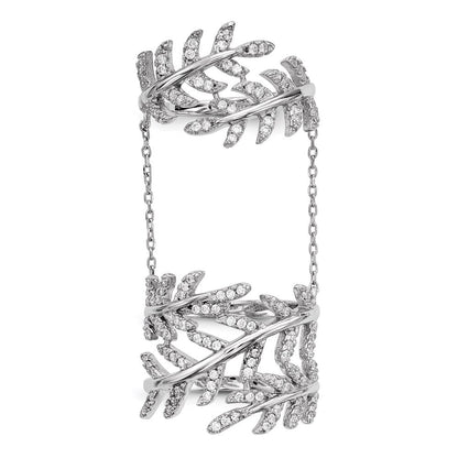 Sterling Silver Rhodium-plated Cubic Zirconia Leaf with Extender Ring Size 7