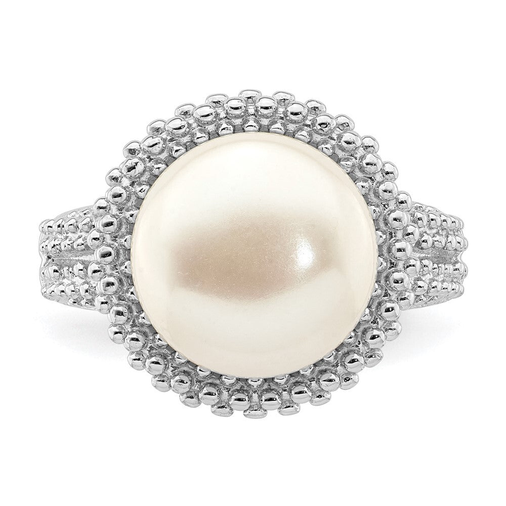 Sterling Silver Rhod-plat 11-12mm White FWC Pearl Ring Size 6