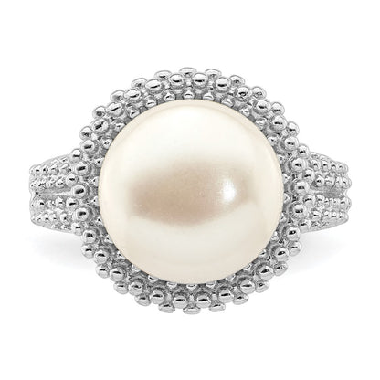 Sterling Silver Rhod-plat 11-12mm White FWC Pearl Ring Size 6
