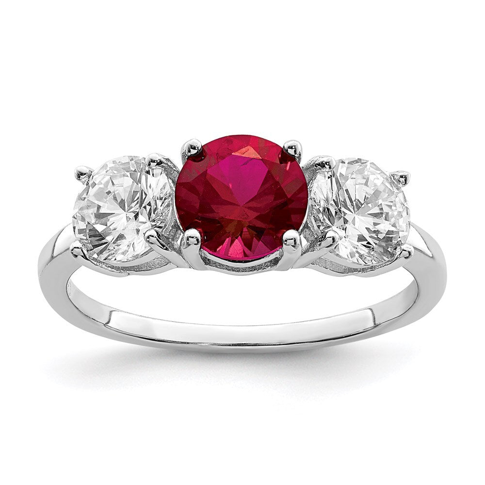 Sterling Silver Created Corundum & Cubic Zirconia 3 Stone Ring SZ 7