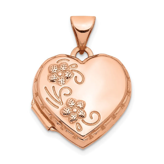 14k Rose Gold 15mm Floral Heart Locket Pendant for Women