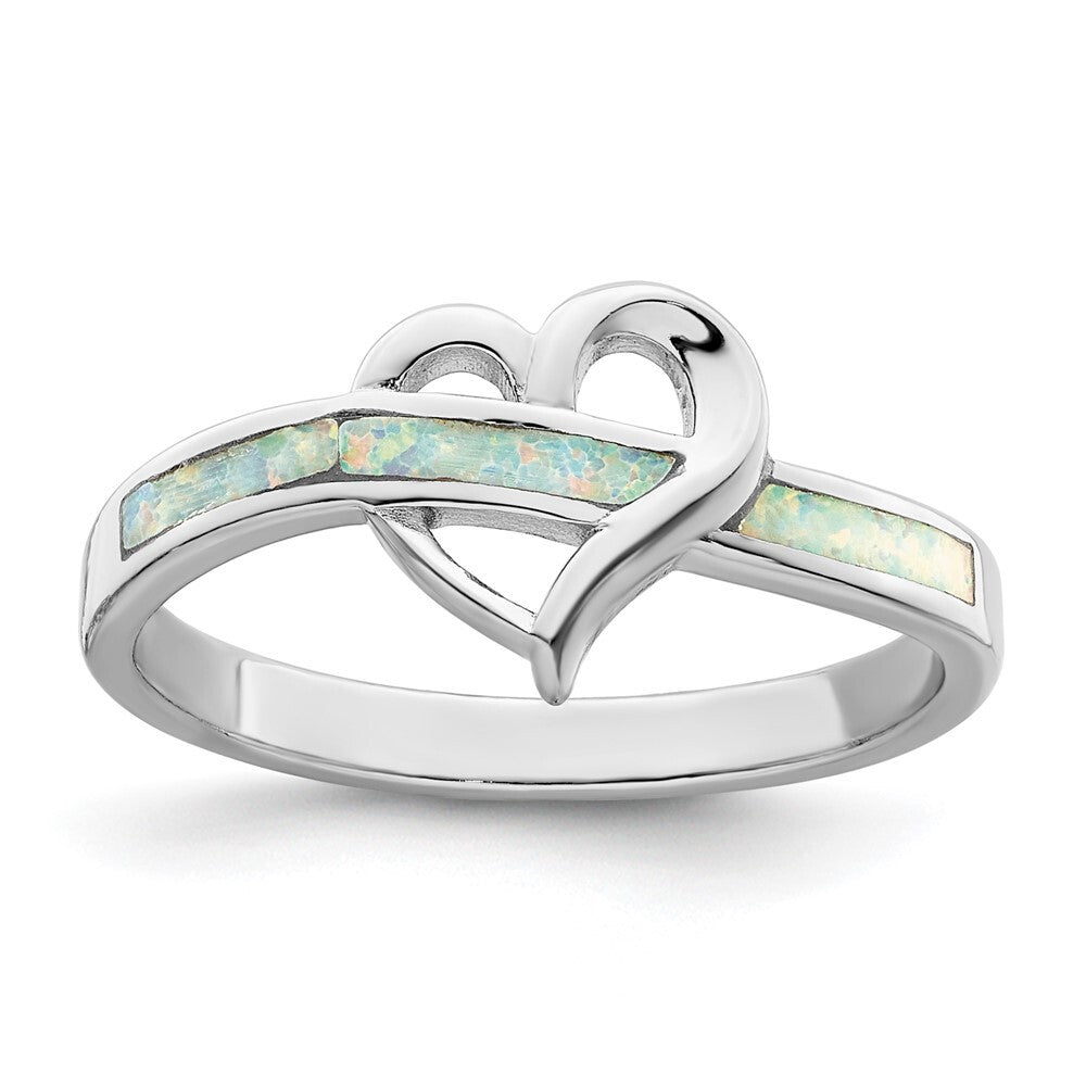 Sterling Silver Rhodium-plated White Created Opal Inlay Heart Ring Size 8