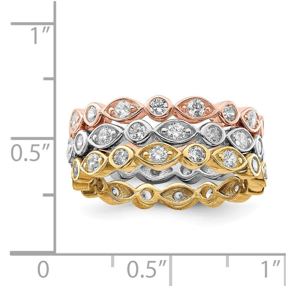 Sterling Silver Vermeil Trio Cubic Zirconia Rings Size 8