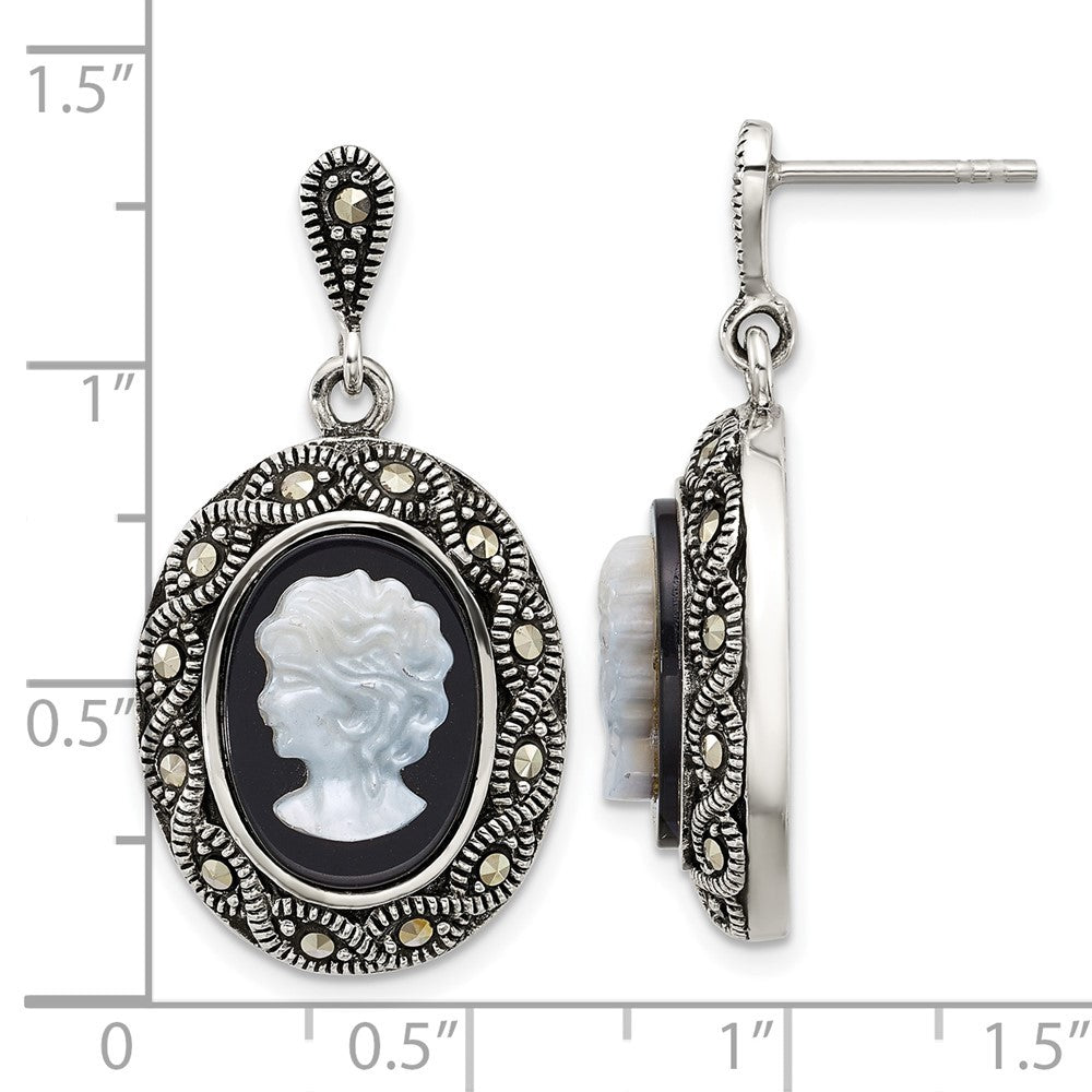 Sterling Silver Marcasite Black Agate and Mother of Pearl Cameo Dangle Earrings