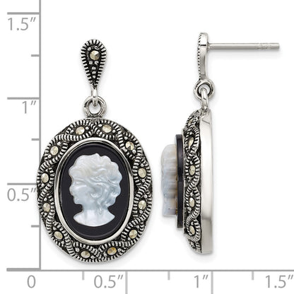 Sterling Silver Marcasite Black Agate and Mother of Pearl Cameo Dangle Earrings