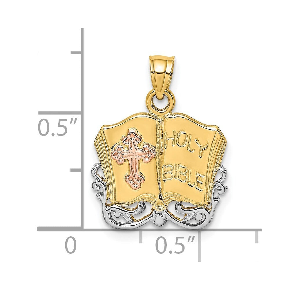 14k Two-tone Gold White Rhodium Holy Bible Cross Charm Pendant