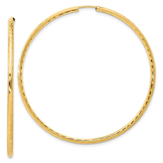 14k Yellow Gold Polished and Satin Diamond-Cut 2mm Endless Hoop Earrings