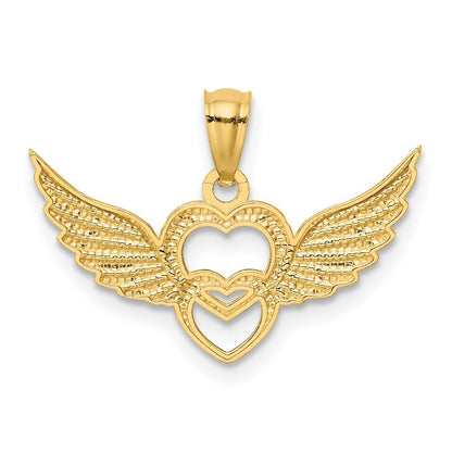 14k Yellow Gold and White Rhodium Polished Hearts with Wings Pendant