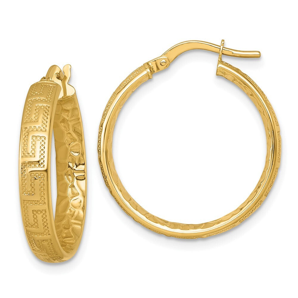 14k Yellow Gold Polished Textured 4mm Greek Key Inside Hinged Hoop Earrings